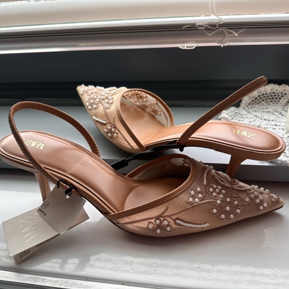 Zara Women's Beige Embellished Heels - Picture 4 of 5